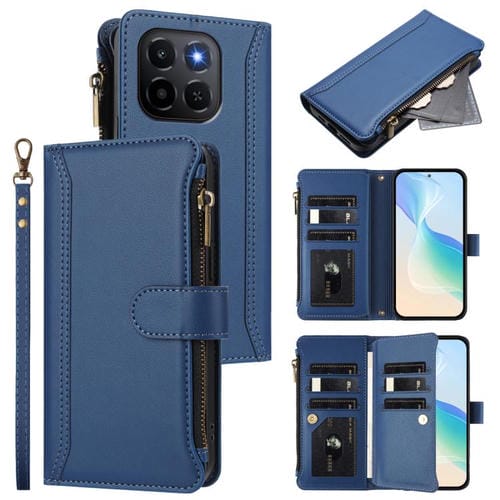 Funda de cuero con cierre magnético para Honor X6c 4G, 9 ranuras para tarjetas, cremallera y correa de mano (azul oscuro)