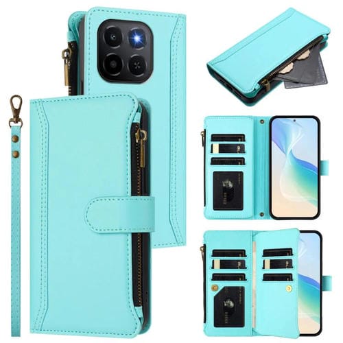 Funda de cuero con cierre magnético para Honor X6c 4G, 9 ranuras para tarjetas, cremallera y correa de mano (verde menta)