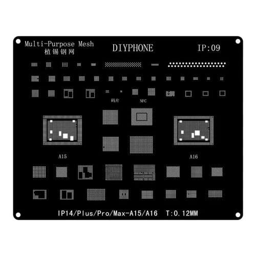 Modello di Reballing BGA Apple iPhone 14 e 14 Pro Max con Posizionamento Preciso e Taglio Laser di Precisione