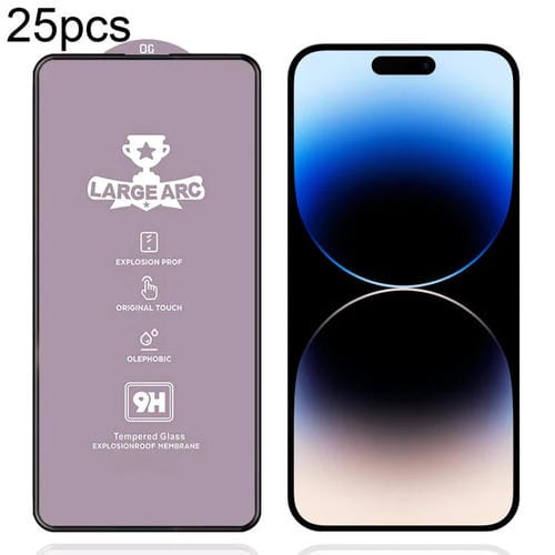 Película de vidrio templado de arco grande de aluminio de alta calidad de 0,4 mm y 9H para iPhone 14 Pro Max, 25 unidades