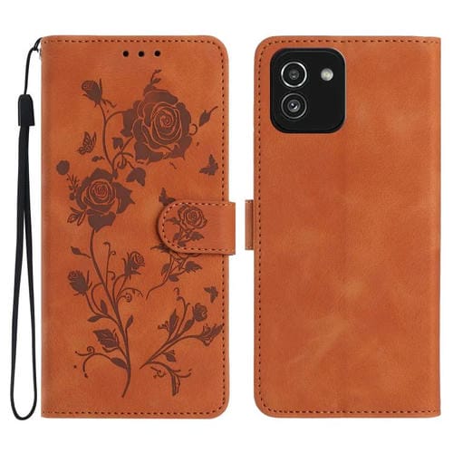Funda de cuero con estampado de rosas en relieve para Samsung Galaxy A03 (marrón)