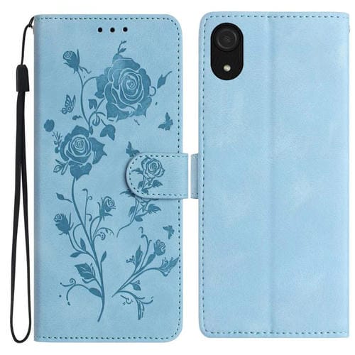 Funda de cuero con estampado floral en relieve para Samsung Galaxy A03 Core (azul cielo)