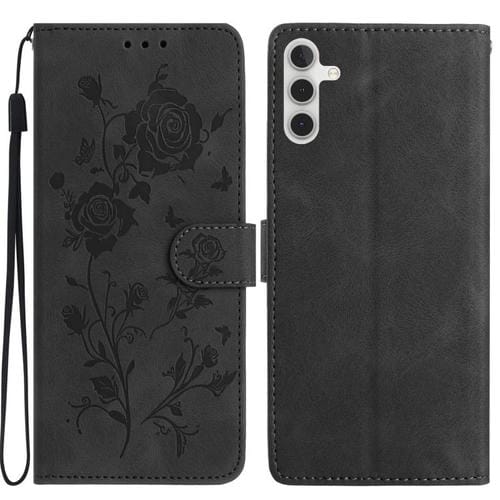 Funda de cuero con estampado de rosas en relieve para Samsung Galaxy A04S (negra)