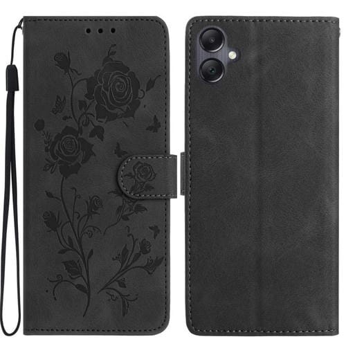 Funda de cuero con estampado floral en relieve para Samsung Galaxy A06 (negra)