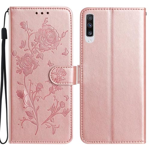 Funda de cuero con estampado floral en relieve para Samsung Galaxy A50 (oro rosa)