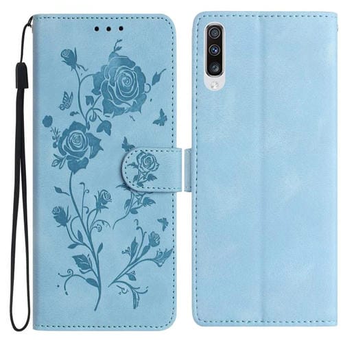 Funda de piel con estampado floral en relieve para Samsung Galaxy A50 (azul cielo)