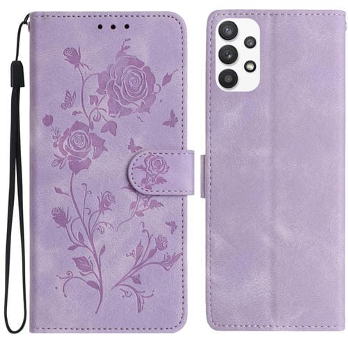 Funda de piel con estampado de rosas en relieve para Samsung Galaxy A52 (morado claro)