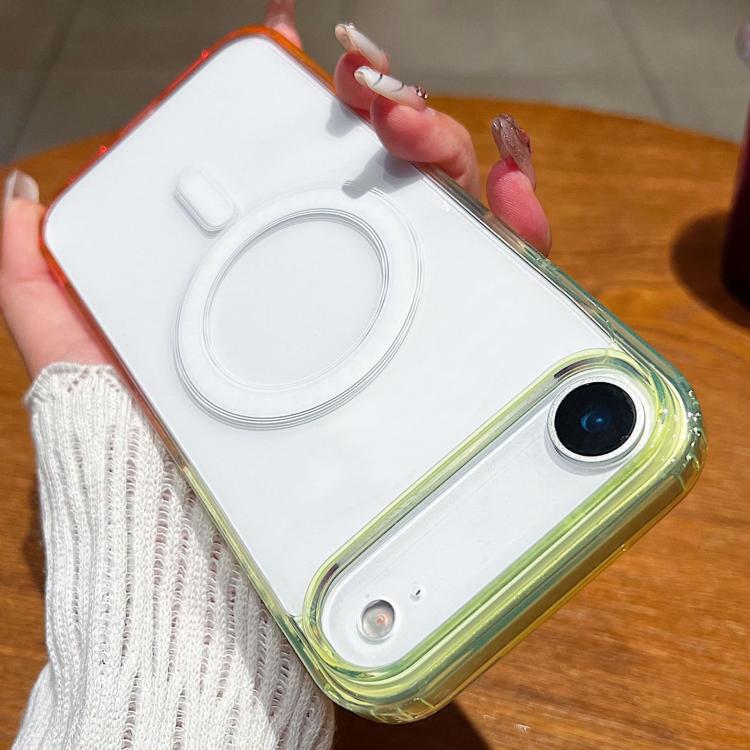 Funda MagSafe transparente con degradado de color en contraste para iPhone 17 Air (verde fluorescente y rosa claro)