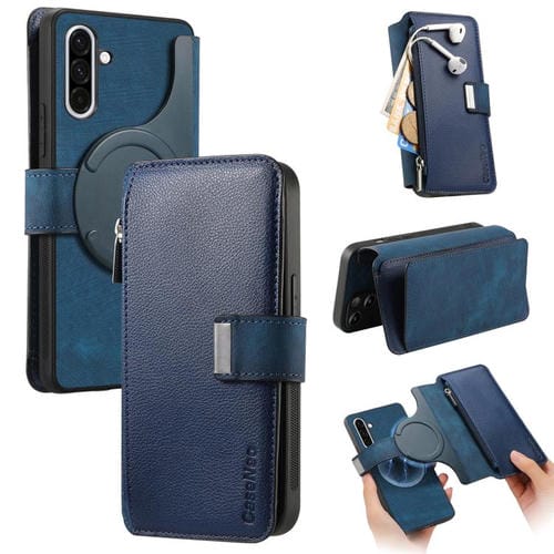 Funda Neo MagSafe RFID antirrobo con cremallera para Samsung Galaxy A36 5G, de cuero estilo retro (azul)