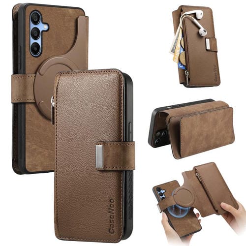 Funda Neo MagSafe RFID antirrobo con cremallera para Samsung Galaxy A16, estilo billetera de cuero retro (marrón)