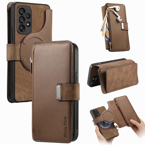 Funda Neo MagSafe RFID antirrobo con cremallera para Samsung Galaxy A53, de cuero estilo retro (marrón)