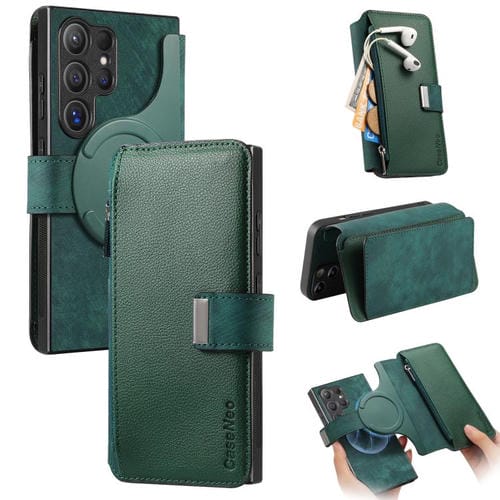Funda Neo MagSafe RFID antirrobo con cremallera para Samsung Galaxy S25 Ultra 5G, de cuero estilo retro (verde)