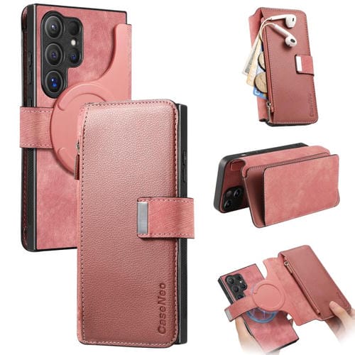 Funda Neo MagSafe RFID antirrobo con cremallera para Samsung Galaxy S24 Ultra 5G, estilo retro, de cuero (rosa)