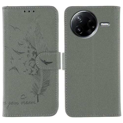 Funda de cuero con textura de lichi y estampado de plumas para Xiaomi Poco F7 Pro/Redmi K80 (gris)