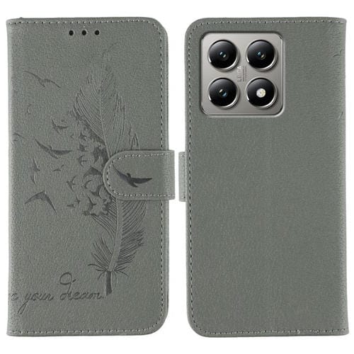 Funda de cuero con textura de lichi y estampado de plumas para Xiaomi 14T Pro (gris)