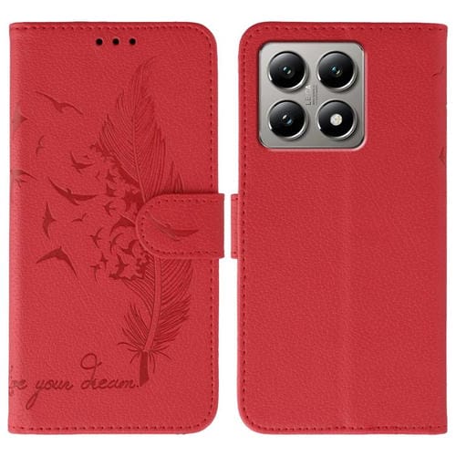 Funda de cuero con textura de lichi y estampado de plumas para Xiaomi 14T (roja)