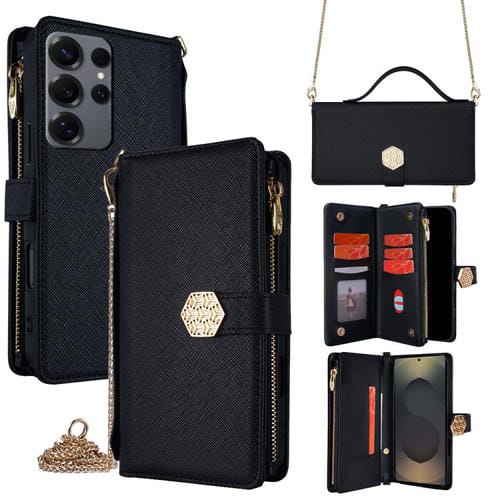 Funda de cuero con textura cruzada y asa cruzada para Samsung Galaxy S25 Ultra 5G (negro)