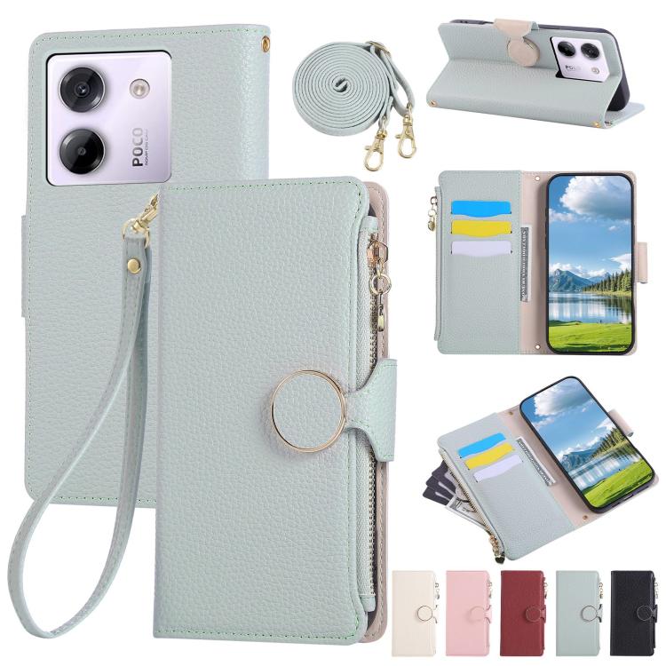Funda de cuero con hebilla redonda y cremallera para Xiaomi Poco M7 Pro 5G, con correa cruzada (azul cielo)