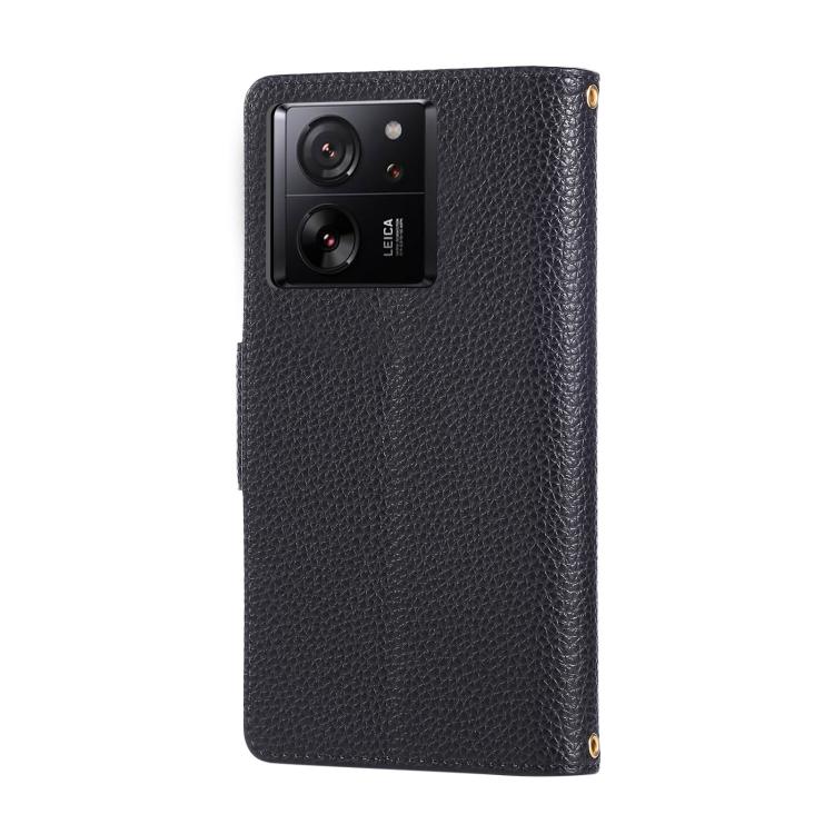 Funda de cuero tipo billetera con hebilla redonda y cremallera para Xiaomi 13T/13T Pro, con correa cruzada (negra)