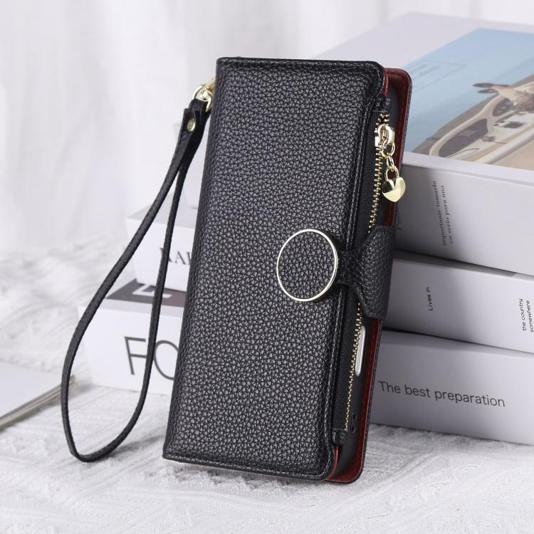 Funda de cuero tipo billetera con hebilla redonda y cremallera para Xiaomi 13T/13T Pro, con correa cruzada (negra)