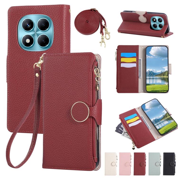 Funda de cuero con hebilla redonda y cremallera para Redmi Note 14 Pro 4G, con correa cruzada (roja)
