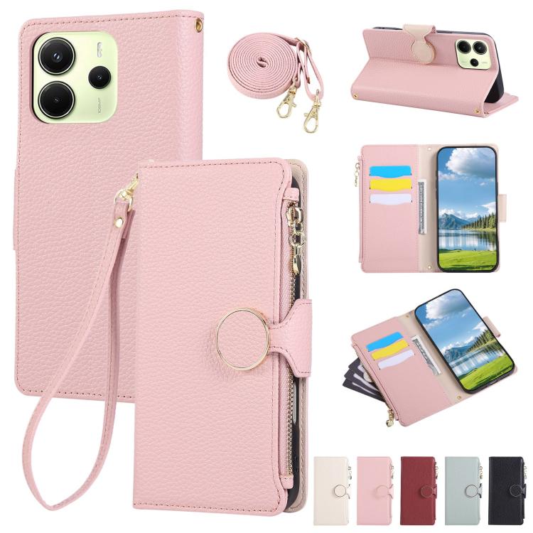 Funda de cuero tipo billetera con hebilla redonda y cremallera de 164,8 mm para Redmi Note 14 4G con correa cruzada (rosa)