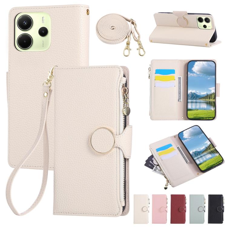 Funda de cuero tipo billetera con hebilla redonda y cremallera de 164,8 mm para Redmi Note 14 4G con correa cruzada (blanca)