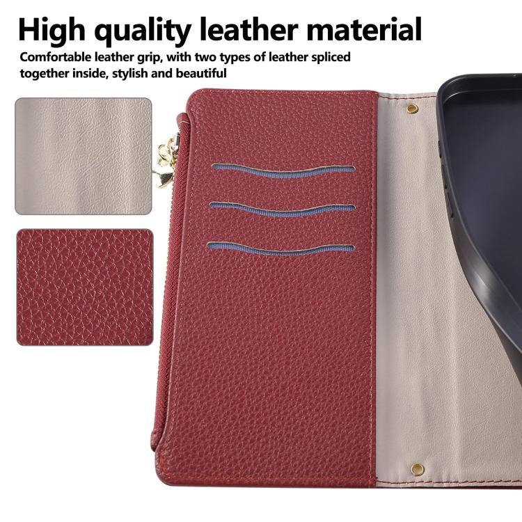 Funda de cuero con hebilla redonda y cremallera para Redmi Note 13 Pro 5G, con correa cruzada (roja)