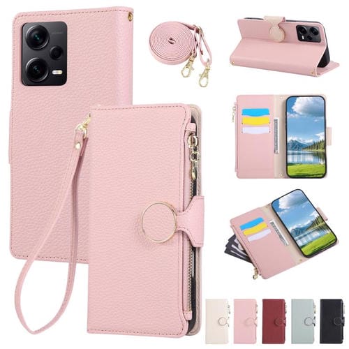 Funda de cuero con hebilla redonda y cremallera para Redmi Note 12 Pro 5G, con correa cruzada (rosa)