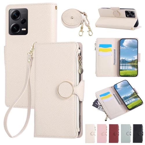 Funda de cuero con hebilla redonda y cremallera para Redmi Note 12 Pro 5G, con correa cruzada (blanca)