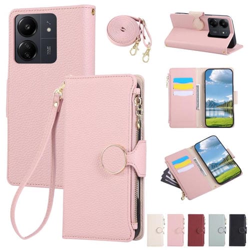 Funda de cuero tipo billetera con hebilla redonda y cremallera para Redmi 13C con correa cruzada (rosa)