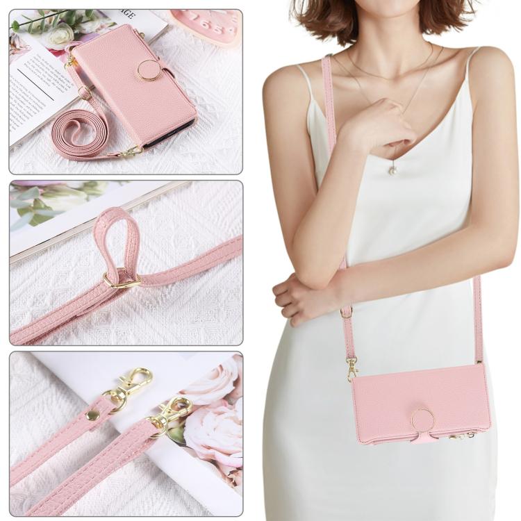 Funda de cuero tipo billetera con hebilla redonda y cremallera para Redmi 13C con correa cruzada (rosa)