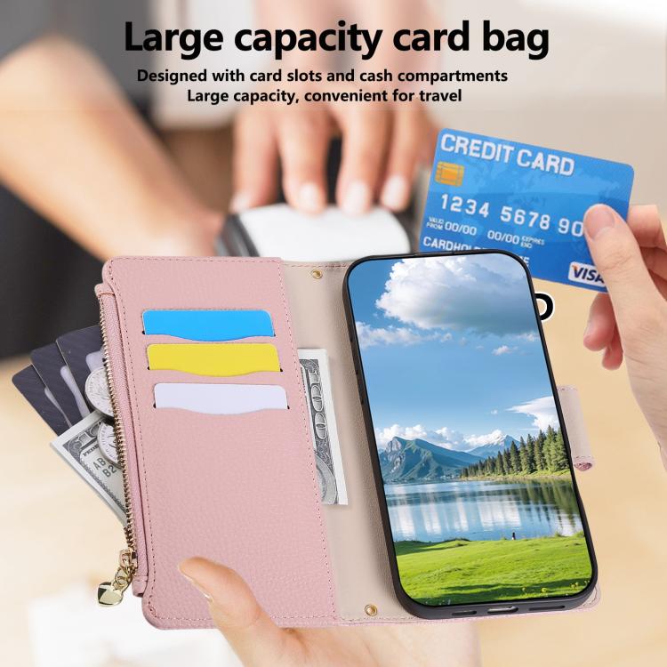 Funda de cuero tipo billetera con hebilla redonda y cremallera para Redmi 13C con correa cruzada (rosa)