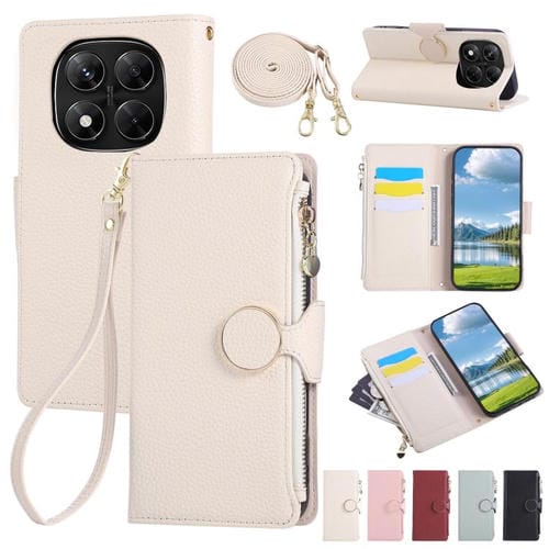 Funda de cuero con hebilla redonda y cremallera para Redmi Note 14 Pro 5G, con correa cruzada (blanca)