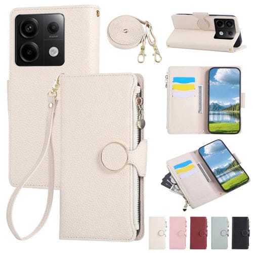 Funda de cuero con hebilla redonda y cremallera para Redmi Note 13 Pro 4G, con correa cruzada (blanca)