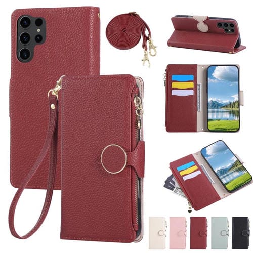 Funda de cuero tipo billetera con hebilla redonda y cremallera para Samsung Galaxy S23 Ultra 5G con correa cruzada (roja)