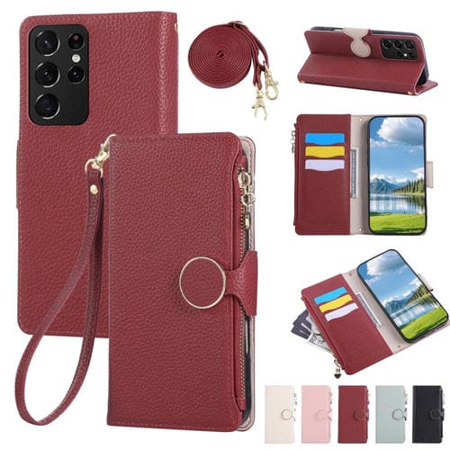 Funda de cuero tipo billetera con hebilla redonda y cremallera para Samsung Galaxy S21 Ultra 5G con correa cruzada (roja)
