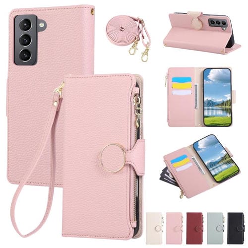 Funda de cuero tipo billetera con hebilla redonda y cremallera para Samsung Galaxy S21 5G con correa cruzada (rosa)