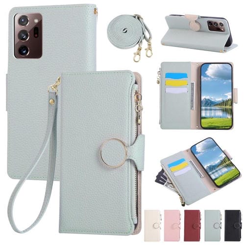 Funda de cuero tipo billetera con hebilla redonda y cremallera para Samsung Galaxy Note20 Ultra, con correa cruzada (azul cielo)