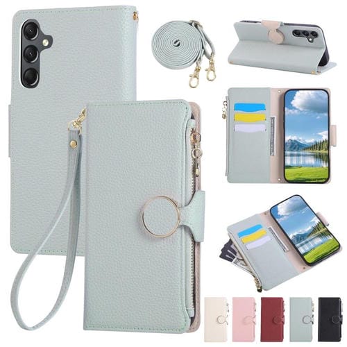 Funda de cuero tipo billetera con hebilla redonda y cremallera para Samsung Galaxy A25 5G con correa cruzada (azul cielo)