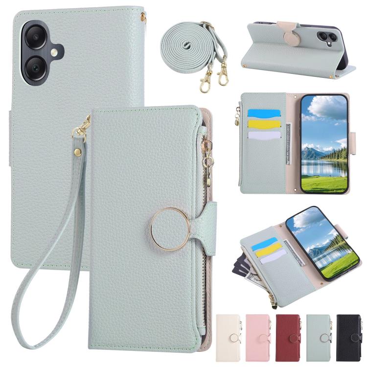 Funda de cuero tipo billetera con hebilla redonda y cremallera para Samsung Galaxy A05 con correa cruzada (azul cielo)
