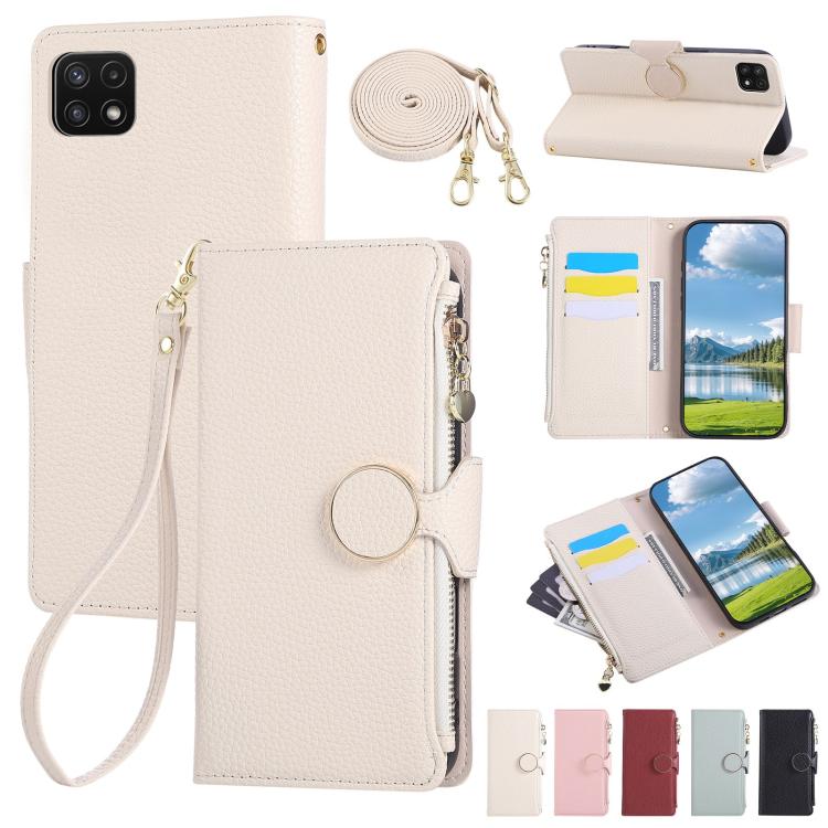 Funda de cuero tipo billetera con hebilla redonda y cremallera para Samsung Galaxy A22 5G con correa cruzada (blanca)