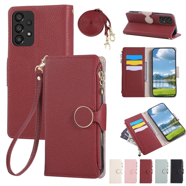 Funda de cuero tipo billetera con hebilla redonda y cremallera para Samsung Galaxy A33 5G con correa cruzada (roja)