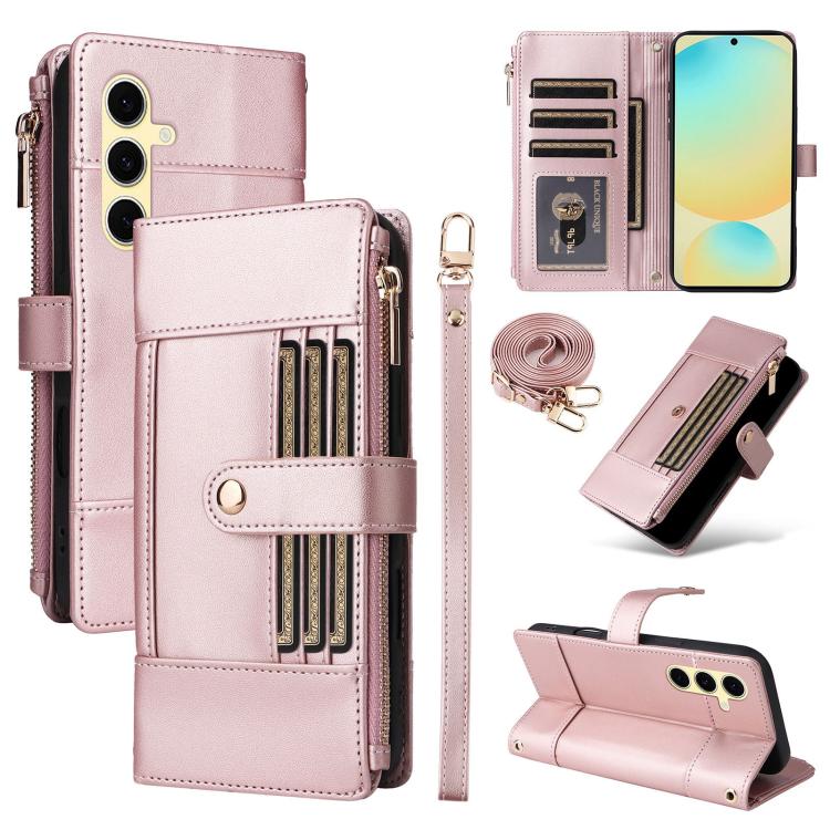 Funda de cuero tipo cartera con cremallera y bloqueo RFID para Samsung Galaxy S24+ / S25+ 5G (oro rosa)