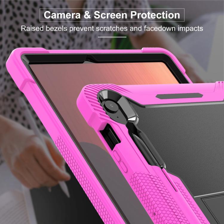 Funda híbrida de silicona a prueba de golpes para Samsung Galaxy Tab S10 FE+ con soporte (negro, rosa y rojo)