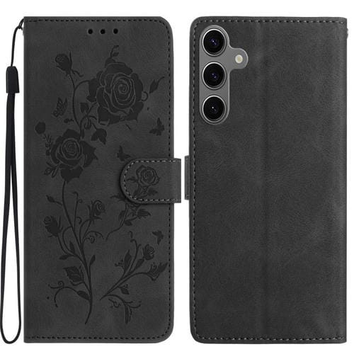Funda de cuero con estampado de rosas en relieve para Samsung Galaxy S25 5G (negra)
