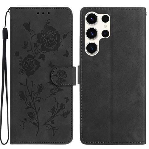Funda de cuero con estampado floral en relieve para Samsung Galaxy S25 Ultra 5G (negra)