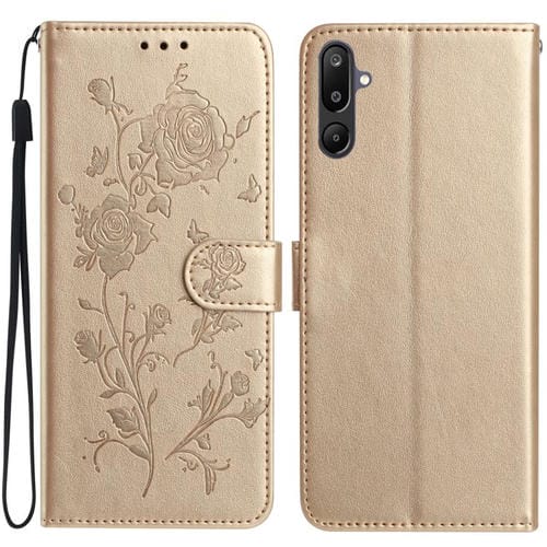 Funda de cuero con estampado de rosas en relieve para Samsung Galaxy F16 (dorada)