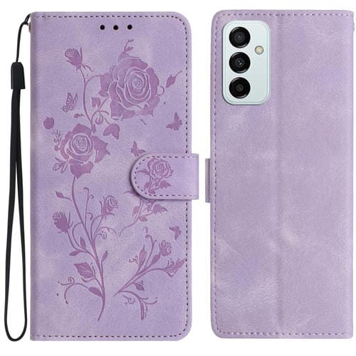 Funda de cuero con estampado de rosas en relieve para Samsung Galaxy M52 (morado claro)
