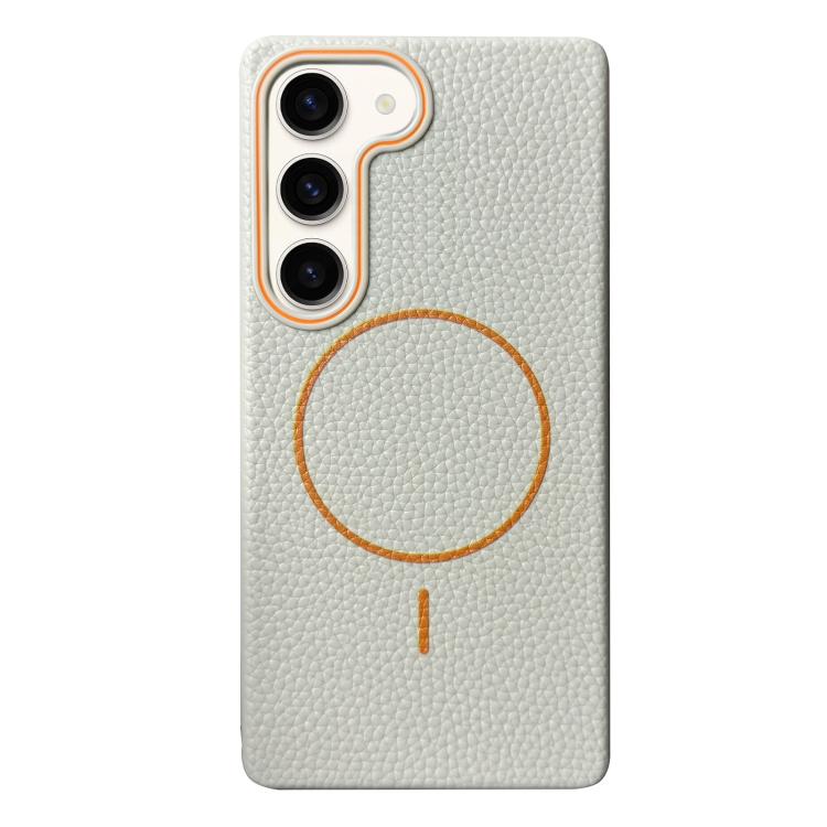 Funda de TPU con textura de lichi MagSafe para Samsung Galaxy S22 5G (blanco y naranja)